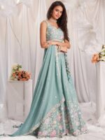 Seagreen - Multi-Color Thread,Sequin Heavy Embroidered Pastel Color Chiffon Semi-Stitched Lehenga - Image 4