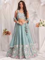 Seagreen - Multi-Color Thread,Sequin Heavy Embroidered Pastel Color Chiffon Semi-Stitched Lehenga