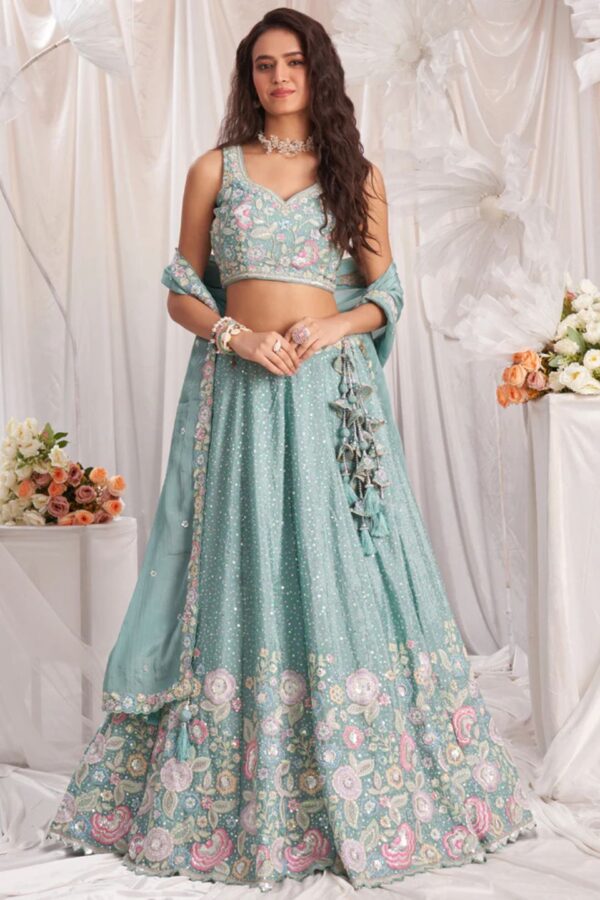 Seagreen - Multi-Color Thread,Sequin Heavy Embroidered Pastel Color Chiffon Semi-Stitched Lehenga