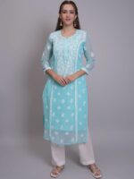 Seva Chikan Women Ethnic Motifs Embroidered Chikankari Handloom Georgette Kurta