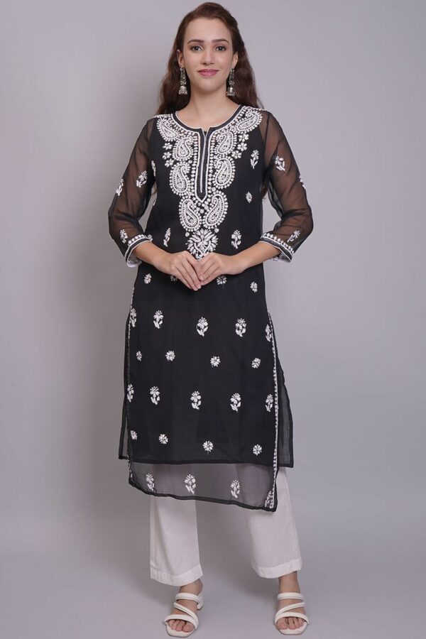 Seva Chikan Women Ethnic Motifs Embroidered Chikankari Handloom Georgette Kurta