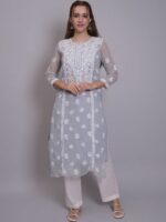 Seva Chikan Women Ethnic Motifs Embroidered Chikankari Handloom Georgette Kurta