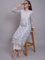 Seva Chikan Women Ethnic Motifs Embroidered Chikankari Handloom Georgette Kurta - Image 7