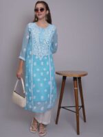 Seva Chikan Women Ethnic Motifs Embroidered Chikankari Handloom Georgette Kurta - Image 7
