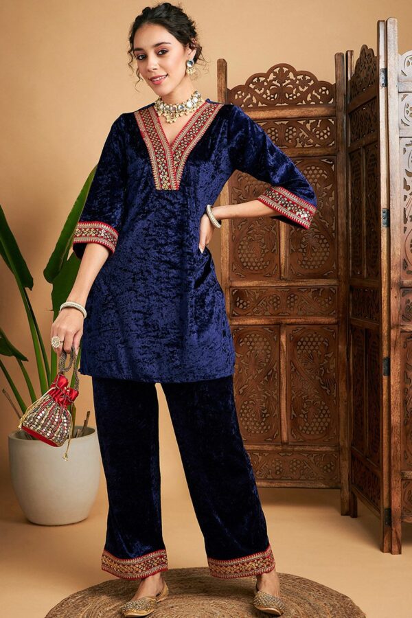 Shae by SASSAFRAS Ethnic Motifs V-Neck Regular Thread Work Velvet Kurti With Trousers