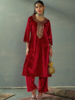 Shae by SASSAFRAS Women Ethnic Motifs Embroidered Regular Velvet Kurta with Trousers