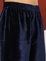 Varanga Navy Blue Paisley Embroidered Velvet Straight Kurta With Trousers & Dupatta - Image 3