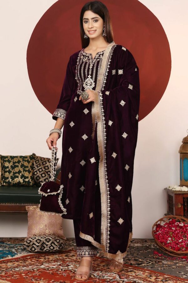 Varanga Purple Ethnic Motifs Embroidered Velvet Straight Kurta With Trousers & Dupatta