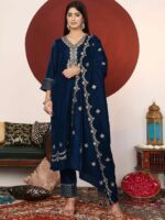 Varanga Teal Blue Floral Embroidered V-Neck Velvet Straight Kurta with Trousers & Dupatta