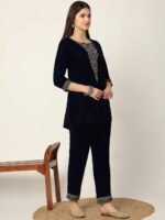 Yufta Paisley Embroidered Round Neck Three-Quarter Sleeves Velvet Top With Trouser - Image 3