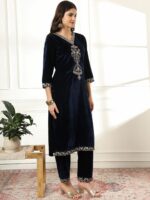 Yufta Women Embroidered Regular Thread Work Velvet Kurta with Trousers & With Dupatta - Image 4