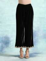 trueBrowns Women Black Straight Fit Velvet Lace Trouser