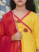 Bitiya by Bhama Girls Floral Embroidered Angrakha Gotta Patti Pure Cotton Kurta with Trousers & With Dupatta - Image 2