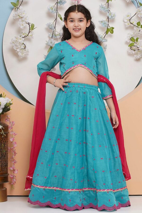 Bitiya by Bhama Girls Floral Embroidered Ready to Wear Lehenga & Blouse With Dupatta