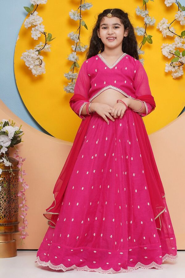 Bitiya by Bhama Girls Floral Embroidered Ready to Wear Lehenga & Blouse With Dupatta