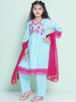 Bitiya by Bhama Girls Floral Embroidered Sequinned Anarkali Kurta with Trousers & Dupatta - Image 4