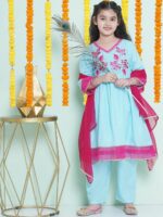 Bitiya by Bhama Girls Floral Embroidered Sequinned Anarkali Kurta with Trousers & Dupatta - Image 7