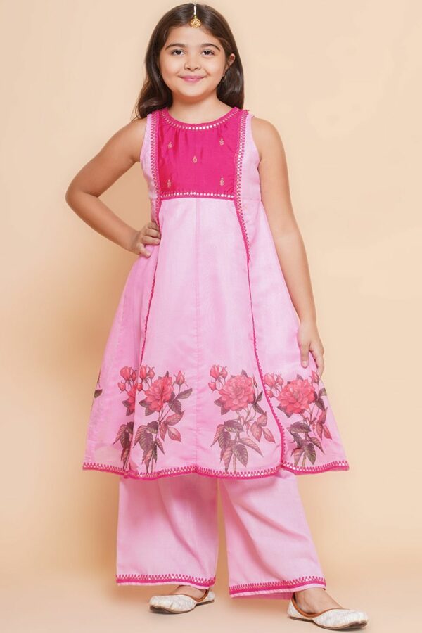 Bitiya by Bhama Girls Floral Printed Gotta Patti Panelled Anarkali Kurta with Palazzos