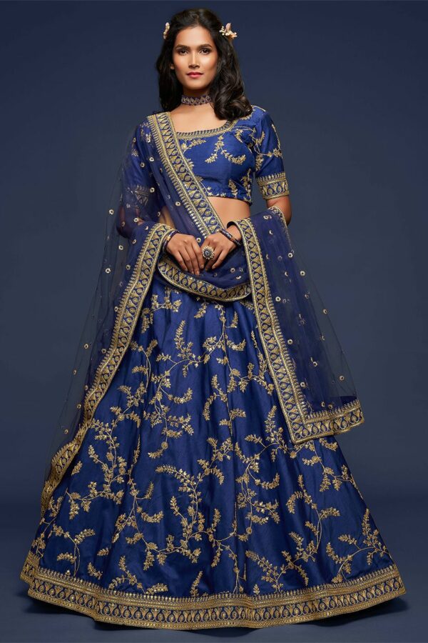 FABPIXEL Blue Embroidered Semi-Stitched Lehenga & Unstitched Blouse With Dupatta