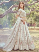 Cream Gold crushed Tissue Fabric Moti, Zari work Semi-Stitched Lehenga choli, Unstitched Blouse & Dupatta - Image 2
