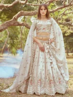 Cream Gold crushed Tissue Fabric Moti, Zari work Semi-Stitched Lehenga choli, Unstitched Blouse & Dupatta - Image 3