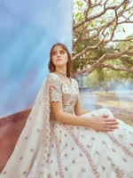 Cream Gold crushed Tissue Fabric Moti, Zari work Semi-Stitched Lehenga choli, Unstitched Blouse & Dupatta - Image 4