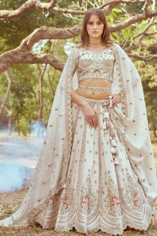 Cream Gold crushed Tissue Fabric Moti, Zari work Semi-Stitched Lehenga choli, Unstitched Blouse & Dupatta