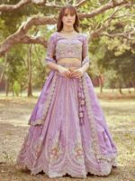 Lavender Gold crushed Tissue Fabric Moti, Zari work Semi-Stitched Lehenga choli, Unstitched Blouse & Dupatta