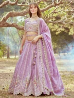 Lavender Gold crushed Tissue Fabric Moti, Zari work Semi-Stitched Lehenga choli, Unstitched Blouse & Dupatta - Image 2