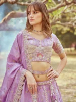 Lavender Gold crushed Tissue Fabric Moti, Zari work Semi-Stitched Lehenga choli, Unstitched Blouse & Dupatta - Image 4