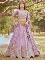 Lavender Gold crushed Tissue Fabric Moti, Zari work Semi-Stitched Lehenga choli, Unstitched Blouse & Dupatta - Image 5