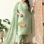PrettyPlus by Desinoor.com Plus Size Ethnic Motifs Embroidered Kurta Trousers And Dupatta