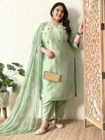 PrettyPlus by Desinoor.com Plus Size Ethnic Motifs Embroidered Kurta Trousers And Dupatta