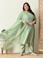 PrettyPlus by Desinoor.com Plus Size Ethnic Motifs Embroidered Kurta Trousers And Dupatta - Image 2