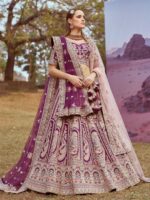 Purple Pure silk Moti, Coding embroidery Unstitched Blouse & Semi-Stitched Bridel Lehenga choli with Dupatta