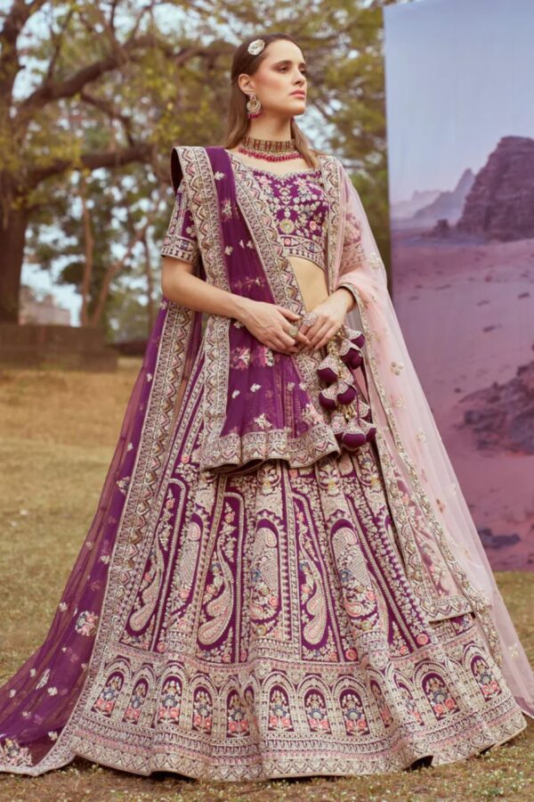 Purple Pure silk Moti, Coding embroidery Unstitched Blouse & Semi-Stitched Bridel Lehenga choli with Dupatta