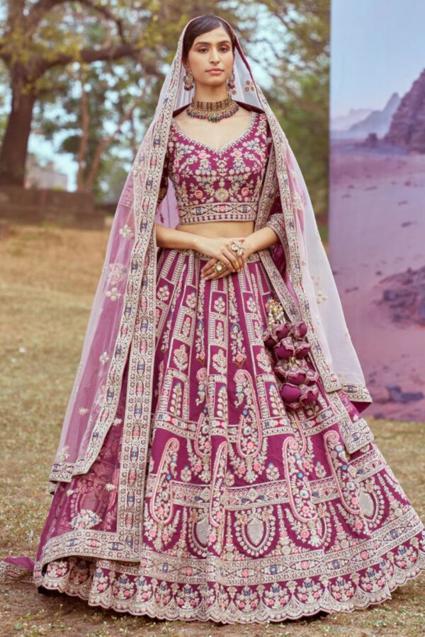 Purple Pure silk Moti, Coding embroidery Semi-Stitched Bridel Lehenga choli ,Unstitched Blouse & Dupatta