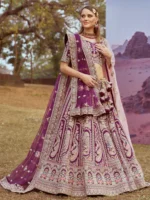 Purple Pure silk Moti, Coding embroidery Unstitched Blouse & Semi-Stitched Bridel Lehenga choli with Dupatta - Image 3