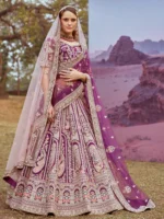 Purple Pure silk Moti, Coding embroidery Unstitched Blouse & Semi-Stitched Bridel Lehenga choli with Dupatta - Image 2