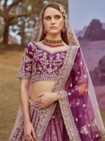 Purple Pure silk Moti, Coding embroidery Unstitched Blouse & Semi-Stitched Bridel Lehenga choli with Dupatta - Image 5