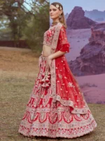 Red Pure silk Moti, Sequins embroidery Semi-Stitched Bridel Lehenga choli , Unstitched Blouse & Dupatta - Image 2