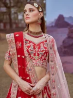 Red Pure silk Moti, Sequins embroidery Semi-Stitched Bridel Lehenga choli , Unstitched Blouse & Dupatta - Image 3