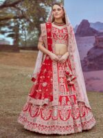 Red Pure silk Moti, Sequins embroidery Semi-Stitched Bridel Lehenga choli , Unstitched Blouse & Dupatta