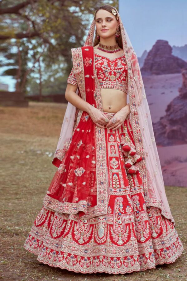 Red Pure silk Moti, Sequins embroidery Semi-Stitched Bridel Lehenga choli , Unstitched Blouse & Dupatta