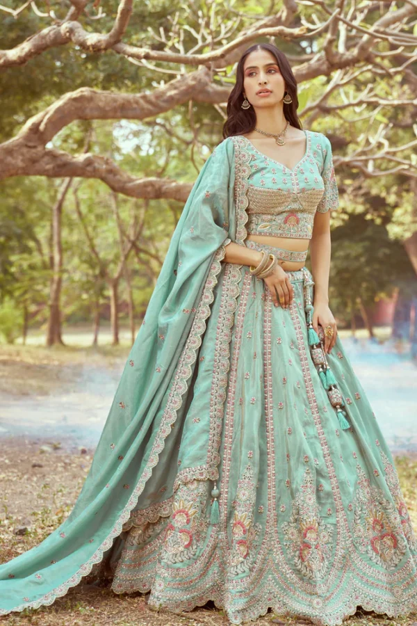 Seagreen Gold crushed Tissue Fabric Moti, Zari work Semi-Stitched Lehenga choli, Unstitched Blouse & Dupatta