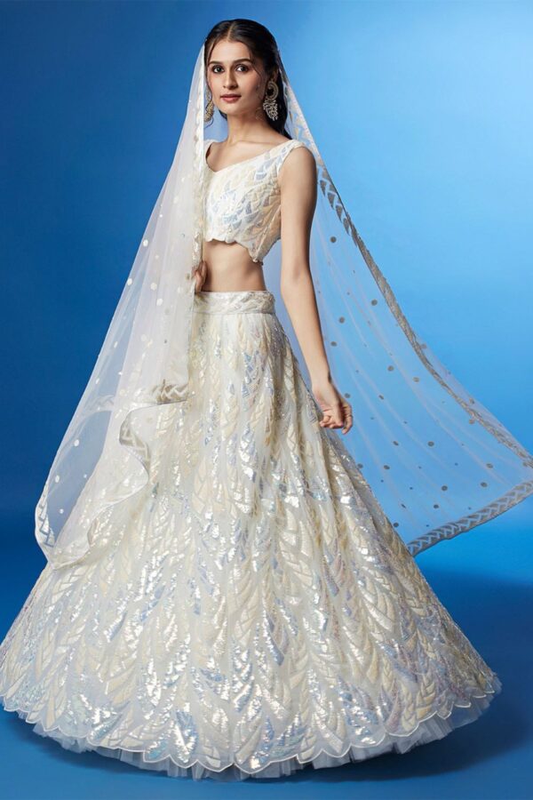 Embroidered Sequinned Semi-Stitched Lehenga and Unstitched Blouse With Dupatta - White