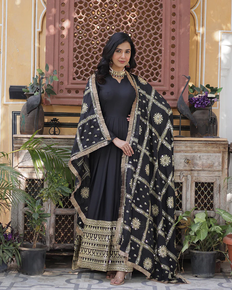 Black Color Star Georgette Sequence Embroidered Gown - Image 2