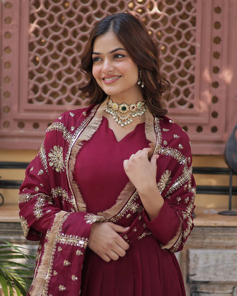 Maroon Color Star Georgette Sequence Embroidered Gown - Image 4