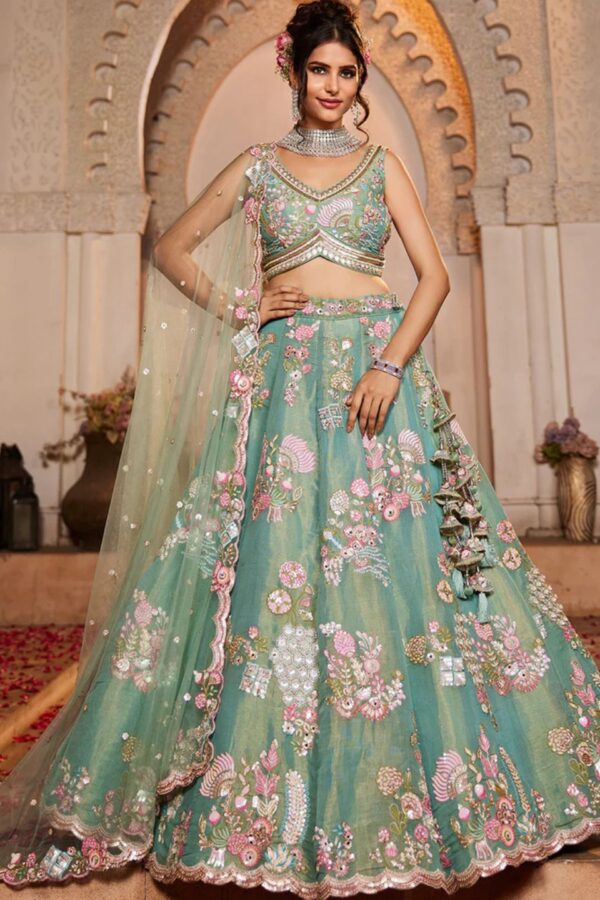 SEAGREEN - Net Fabric Sequinse Embroidery Semi-Stitched Lehenga Choli & Dupatta