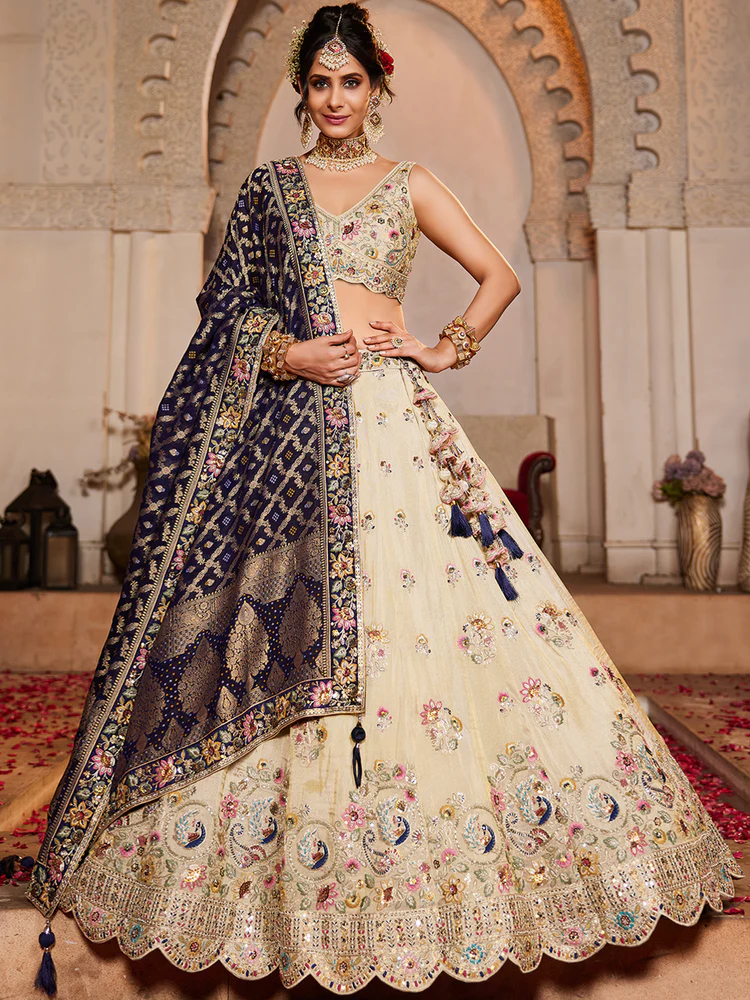 NAVY BLUE - Tissue Fabric Sequinse embroidery Semi-Stitched Lehenga choli & Dupatta - Image 5